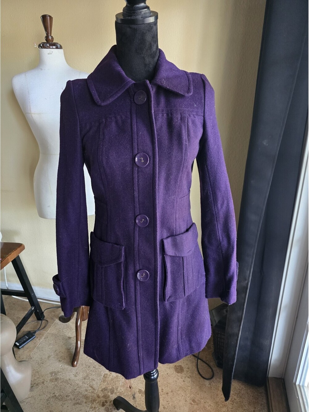 Tulle by Anthropologie Royal Purple wool Peacoat overcoat Long Sleeve SZ XS